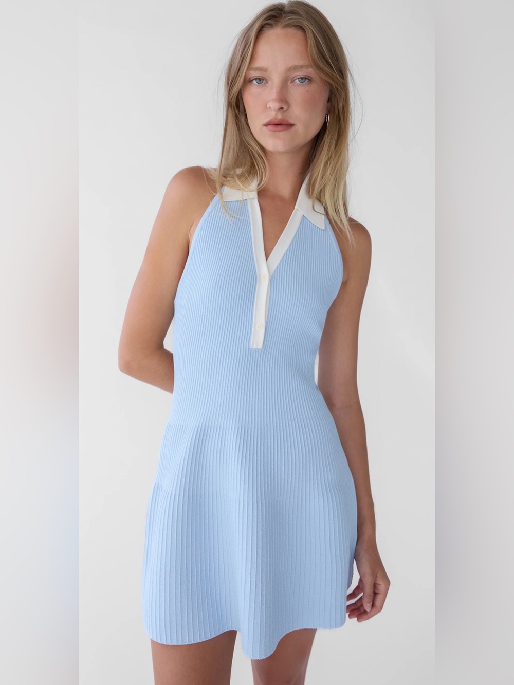 Oak+Fort Collared halter neck mini dress in Breeze Blue Cream